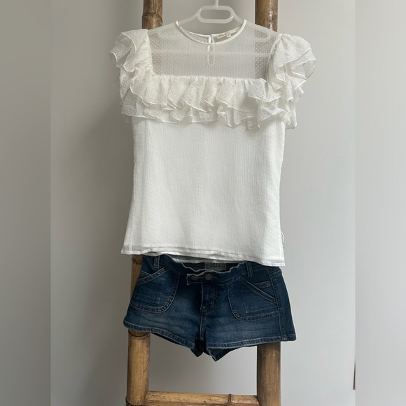 MAJE white color sheer dotted short sleeve lined ruffle silk in 2- like NEW - Picture 2 of 8